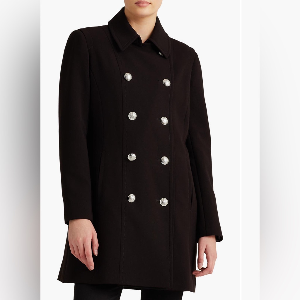 Lauren Ralph Lauren Black Crepe Pea Coat With Silver Buttons